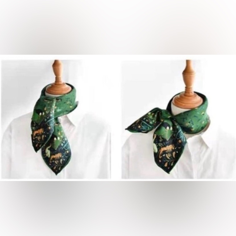 Large Mulberry Silk Scarf 42” Square Jade/Emerald Green Animals/Birds - Picture 3 of 8